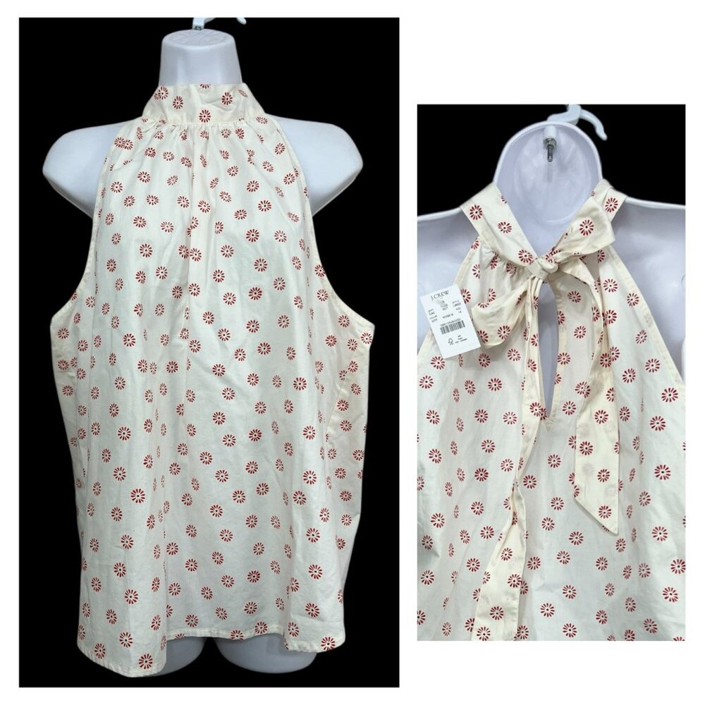 NWT J.Crew Ivory Red‎ Floral Print Halter Tie Back Top Sz 14 Keyhole Cottagecore